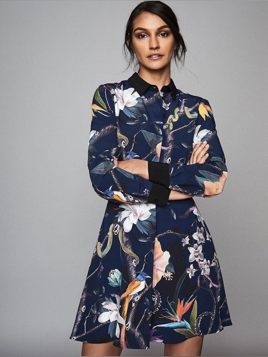 Reiss Dresses & Skirts - REISS Gilda Navy Rainforest Print Long Sleeve Shirt Dress Size 4 Small